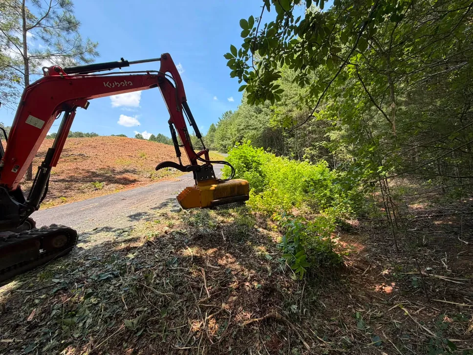 Mini excavator with a mulching head clearing a roadside bank, excavation