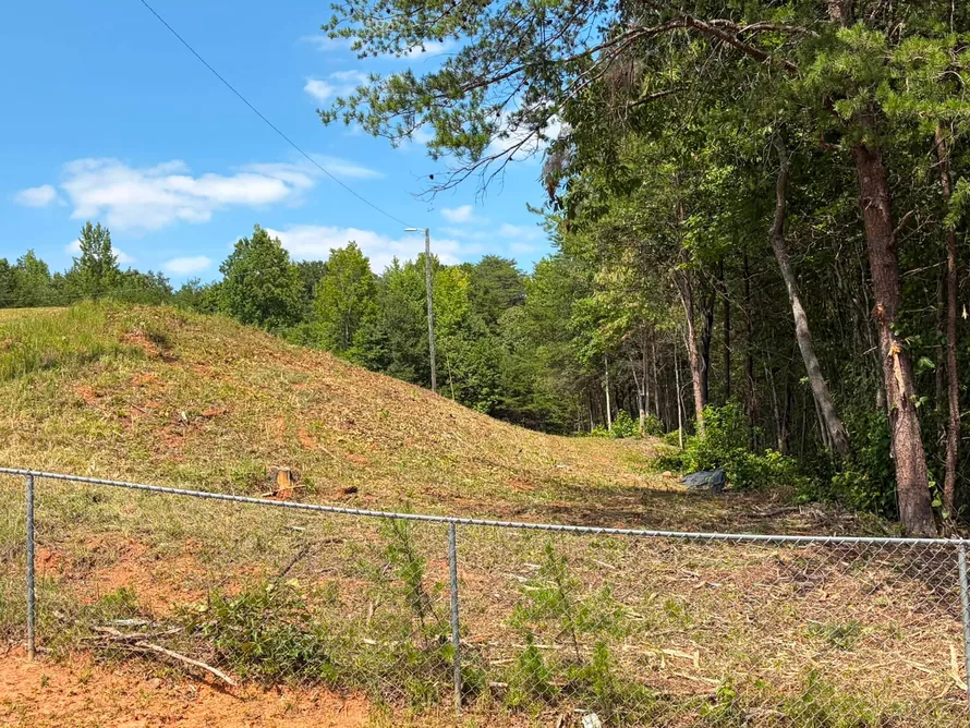 Brush mulched off a bank along a chain link fence, fence line clearing