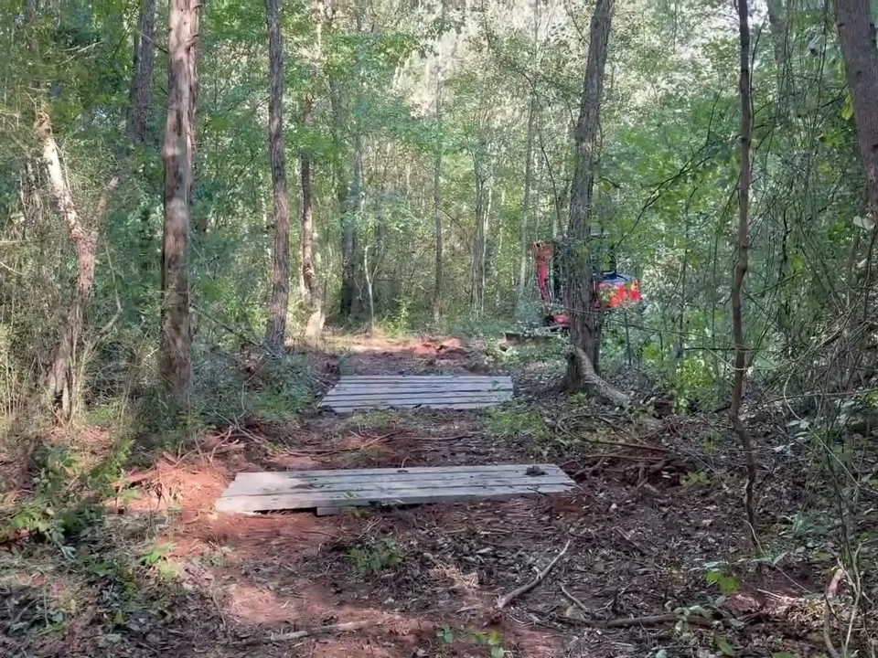 Trail cleared through the woods with timber mats on the ground and the red machine beyond, food plots and trails