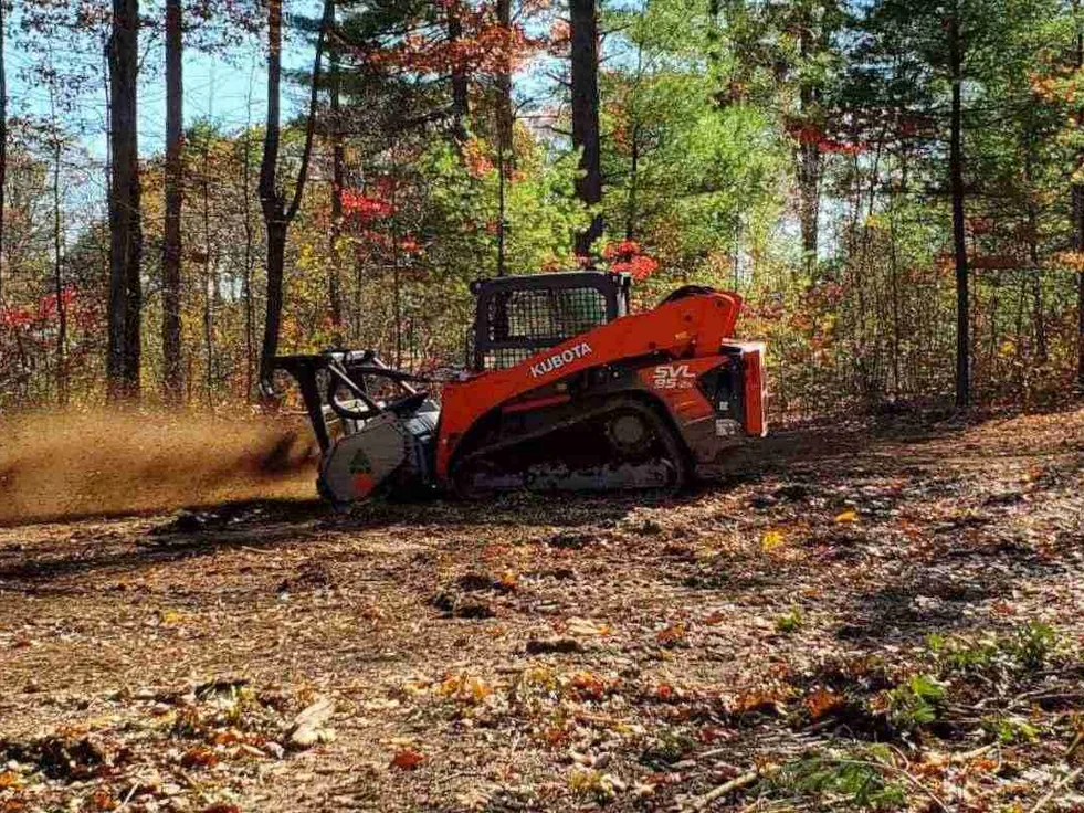 Track loader with a mulching head opening a trail through hardwood and pine woods, food plots and trails