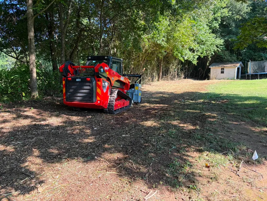 Red track loader with a forestry mulching head on a cleared and mulched yard, forestry mulching