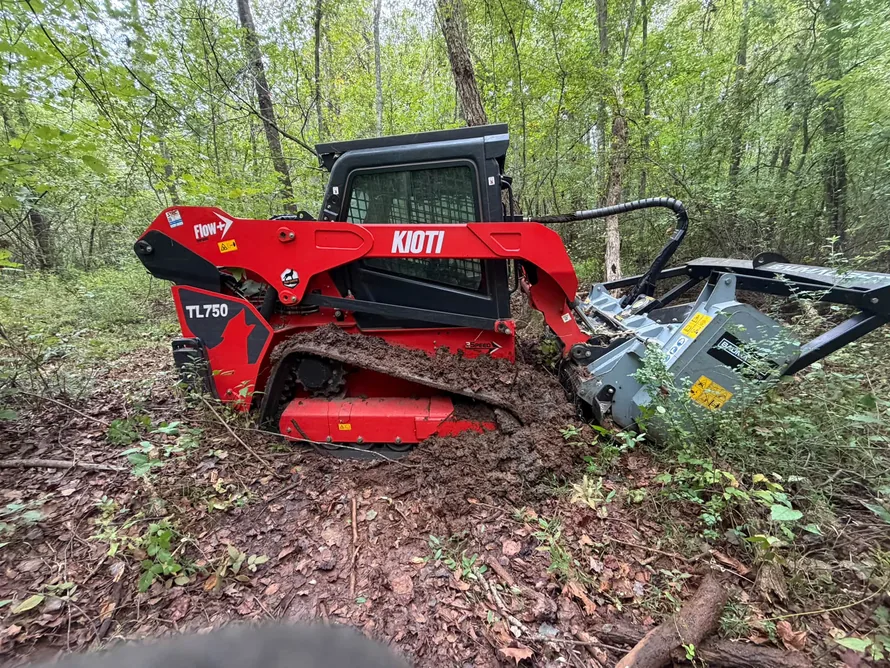 Red track loader with a forestry mulching head in the woods, forestry mulching